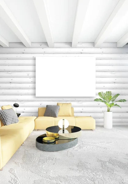 En az yatak odası iç tasarım ahşap duvar, sarı kanepe ve boş bir çerçeve içine boşaltmak. 3D render. 3D çizim