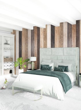 Beyaz yatak odası en az stil iç tasarım ahşap duvar ve gri Kanepeli. 3D render. 3D çizim