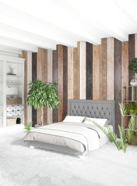 Beyaz yatak odası en az stil iç tasarım ahşap duvar ve gri Kanepeli. 3D render. 3D çizim