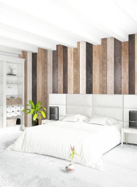 Beyaz yatak odası en az stil iç tasarım ahşap duvar ile. 3D render. 3D çizim