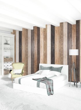 Beyaz yatak odası en az stil iç tasarım ahşap duvar ile. 3D render. 3D çizim