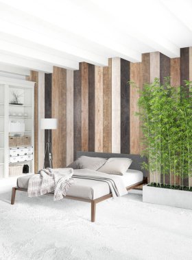 Beyaz yatak odası en az stil iç tasarım ahşap duvar ve gri Kanepeli. 3D render. 3D çizim