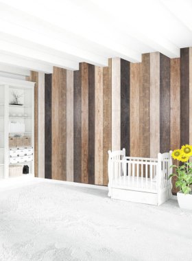 Beyaz yatak odası en az stil iç tasarım ahşap duvar ile. 3D render. 3D çizim