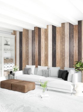 Beyaz yatak odası en az stil iç tasarım ahşap duvar ile. 3D render. 3D çizim