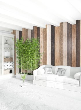 Beyaz yatak odası en az stil iç tasarım ahşap duvar ile. 3D render. 3D çizim