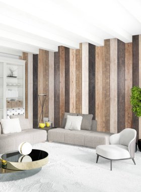 Beyaz yatak odası en az stil iç tasarım ahşap duvar ile. 3D render. 3D çizim