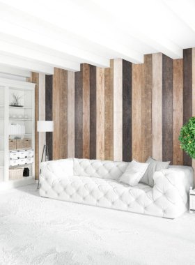 Beyaz yatak odası en az stil iç tasarım ahşap duvar ile. 3D render. 3D çizim