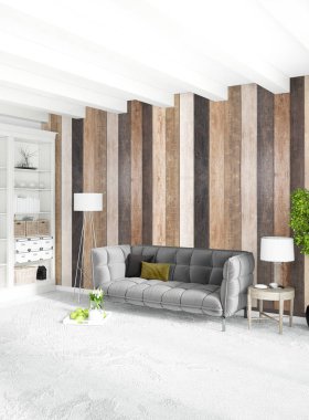Beyaz yatak odası en az stil iç tasarım ahşap duvar ve gri Kanepeli. 3D render. 3D çizim