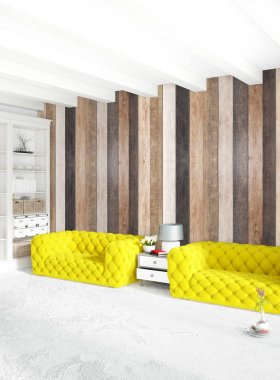 En az yatak odası iç tasarım ahşap duvar, sarı kanepe ve boş bir çerçeve içine boşaltmak. 3D render. 3D çizim