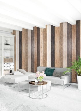 Beyaz yatak odası en az stil iç tasarım ahşap duvar ile. 3D render. 3D çizim