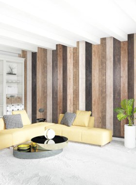 En az yatak odası iç tasarım ahşap duvar, sarı kanepe ve boş bir çerçeve içine boşaltmak. 3D render. 3D çizim