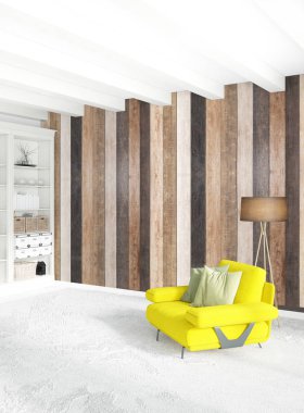 En az yatak odası iç tasarım ahşap duvar, sarı kanepe ve boş bir çerçeve içine boşaltmak. 3D render. 3D çizim