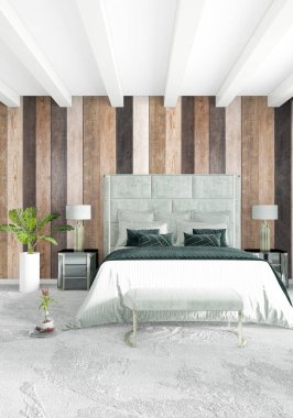 Beyaz yatak odası en az stil iç tasarım ahşap duvar ve gri Kanepeli. 3D render. 3D çizim