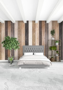 Beyaz yatak odası en az stil iç tasarım ahşap duvar ve gri Kanepeli. 3D render. 3D çizim