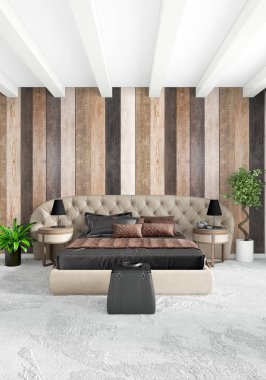 Beyaz yatak odası en az stil iç tasarım ahşap duvar ve karanlık Kanepeli. 3D render. 3D çizim