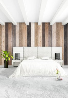 Beyaz yatak odası en az stil iç tasarım ahşap duvar ile. 3D render. 3D çizim