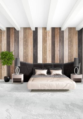 Beyaz yatak odası en az stil iç tasarım ahşap duvar ve karanlık Kanepeli. 3D render. 3D çizim