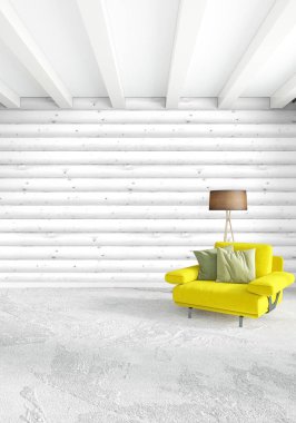 En az yatak odası iç tasarım ahşap duvar, sarı kanepe ve boş bir çerçeve içine boşaltmak. 3D render. 3D çizim