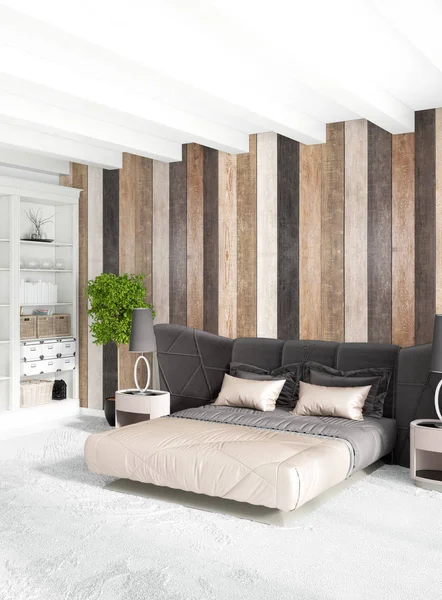 Wit slaapkamer minimalistische stijl interieur met houten muur en donkere Bank. 3D-rendering. 3D illustratie — Stockfoto