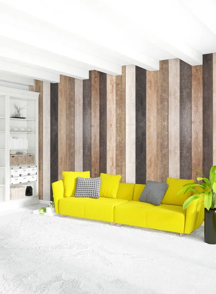 En az yatak odası iç tasarım ahşap duvar, sarı kanepe. 3D render. 3D çizim