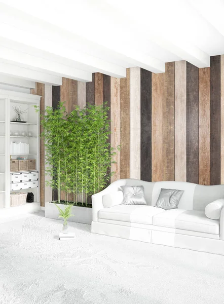 Beyaz yatak odası en az stil iç tasarım ahşap duvar ile. 3D render. 3D çizim