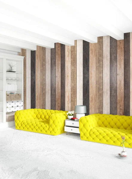 Camera da letto minimale Design degli interni parete in legno, divano giallo e copyspace in una cornice vuota. Rendering 3D. Illustrazione 3D — Foto Stock
