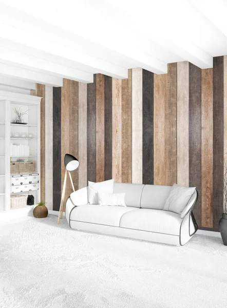 Beyaz yatak odası en az stil iç tasarım ahşap duvar ile. 3D render. 3D çizim