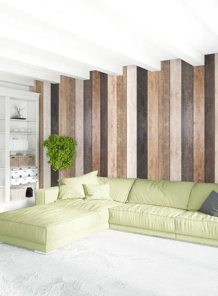 Beyaz yatak odası en az stil iç tasarım ahşap duvar ile. 3D render. 3D çizim