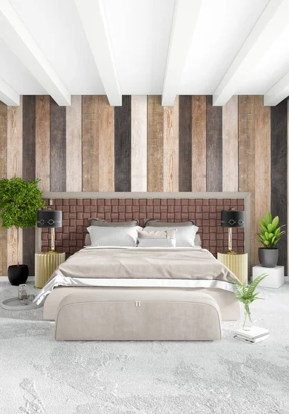 Bílá ložnice minimální styl design interiéru s dřevěnou stěnou a tmavé pohovce. 3D vykreslování. 3D obrázek — Stock fotografie