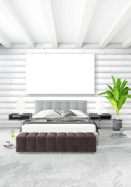 Beyaz yatak odası en az stil iç tasarım ahşap duvar ve gri Kanepeli. 3D render. 3D çizim