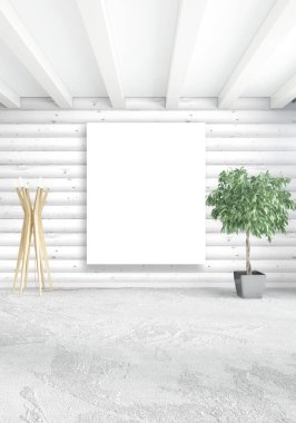 Beyaz yatak odası en az iç tasarım ahşap duvar ve boş bir çerçeve içine boşaltmak. 3D render. 3D çizim