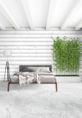 Beyaz yatak odası en az stil iç tasarım ahşap duvar ve gri Kanepeli. 3D render. 3D çizim