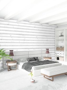 Beyaz yatak odası en az stil iç tasarım ahşap duvar ile. 3D render. 3D çizim