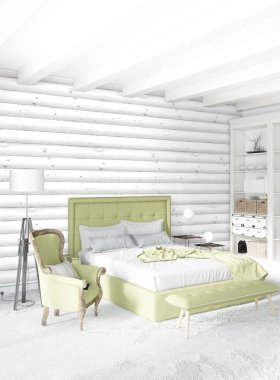 Beyaz yatak odası en az stil iç tasarım ahşap duvar ile. 3D render. 3D çizim
