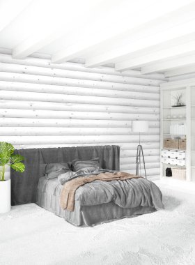 Beyaz yatak odası en az stil iç tasarım ahşap duvar ve gri Kanepeli. 3D render. 3D çizim
