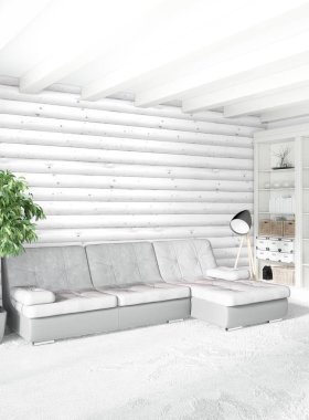 Beyaz yatak odası en az stil iç tasarım ahşap duvar ve gri Kanepeli. 3D render. 3D çizim