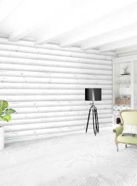 Beyaz yatak odası en az stil iç tasarım ahşap duvar ile. 3D render. 3D çizim