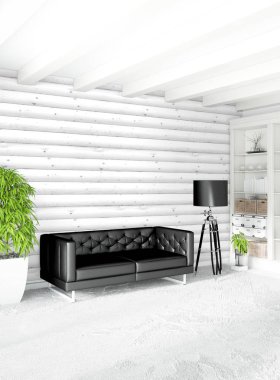 Beyaz yatak odası en az stil iç tasarım ahşap duvar ile. 3D render. 3D çizim