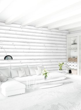 Beyaz yatak odası en az stil iç tasarım ahşap duvar ile. 3D render. 3D çizim