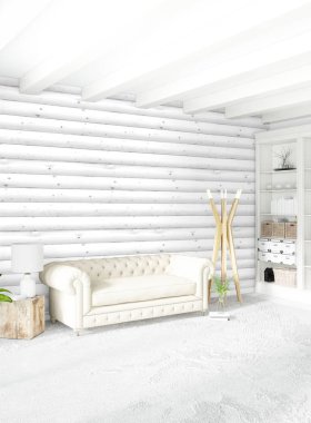 Beyaz yatak odası en az stil iç tasarım ahşap duvar ile. 3D render. 3D çizim