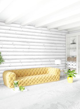 En az yatak odası iç tasarım ahşap duvar, sarı kanepe ve boş bir çerçeve içine boşaltmak. 3D render. 3D çizim