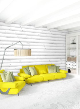 En az yatak odası iç tasarım ahşap duvar, sarı kanepe. 3D render. 3D çizim
