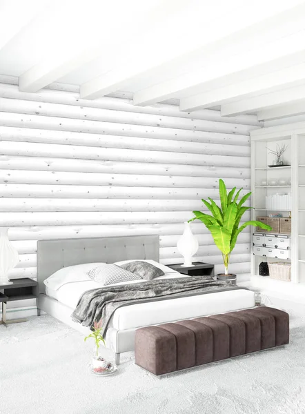 White bedroom minimal style Interior design with wood wall and grey sofa. 3D Rendering. 3D illustration — Stock Photo, Image