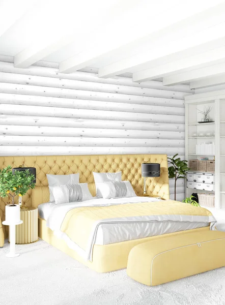 En az yatak odası iç tasarım ahşap duvar, sarı kanepe. 3D render. 3D çizim
