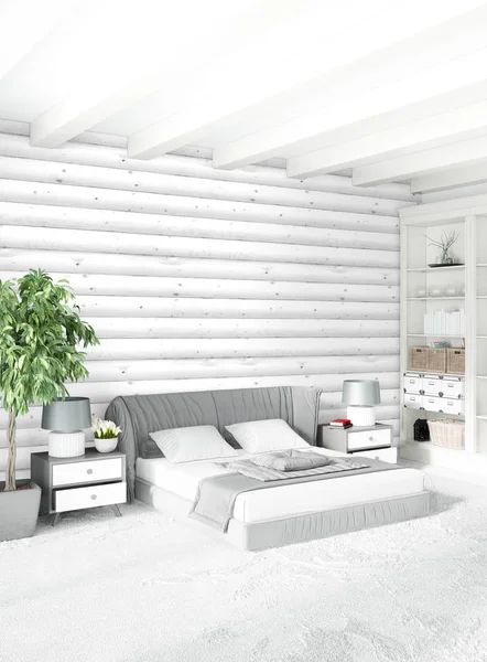 Dormitorio blanco de estilo minimalista Diseño interior con pared de madera y sofá gris. Representación 3D. Ilustración 3D —  Fotos de Stock