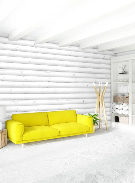 En az yatak odası iç tasarım ahşap duvar, sarı kanepe. 3D render. 3D çizim