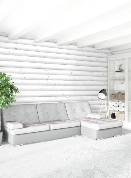 Beyaz yatak odası en az stil iç tasarım ahşap duvar ve gri Kanepeli. 3D render. 3D çizim