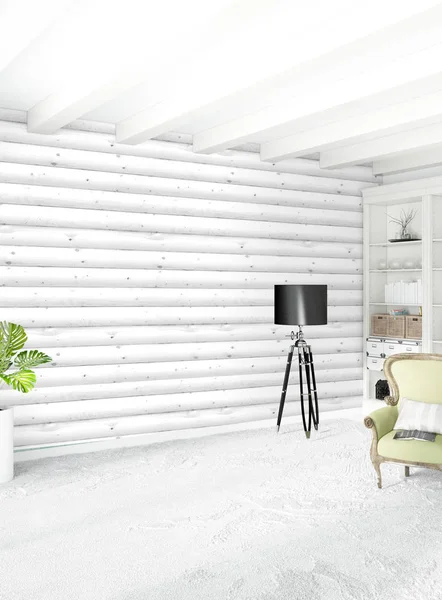 Beyaz yatak odası en az stil iç tasarım ahşap duvar ile. 3D render. 3D çizim