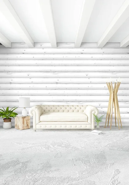 Біла спальня мінімальний стиль Дизайн інтер'єру з дерев'яною стіною. 3D рендерингу. 3D ілюстрація — стокове фото