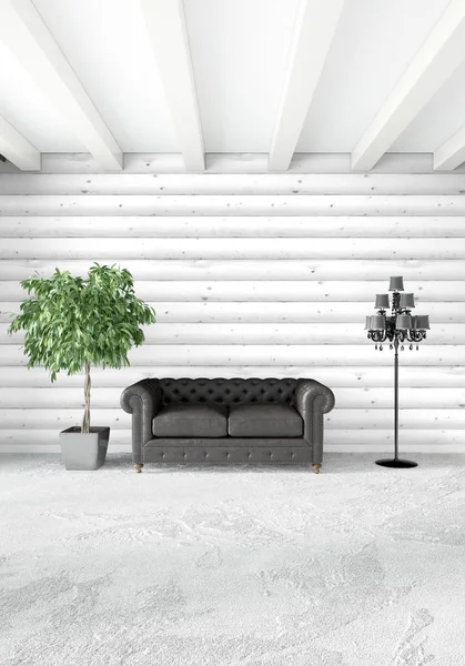 Beyaz yatak odası en az stil iç tasarım ahşap duvar ve karanlık Kanepeli. 3D render. 3D çizim